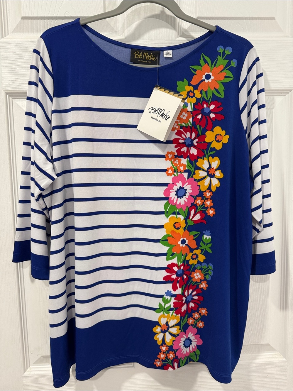 Bob Mackie Royal Blue & White Striped Tunic with Floral Side Panel